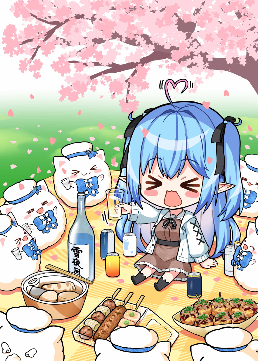 &gt;_&lt; 1girl 6+others :3 :d =_= absurdres ahoge alcohol arm_support beer_can blue_hair blush_stickers can cherry_blossoms chibi cup drinking_glass food_request hair_ribbon heart heart_ahoge highres hololive liquor long_hair multiple_others outdoors picnic ribbon sitting smile tree uehiro virtual_youtuber xd yukihana_lamy yukimin_(yukihana_lamy)