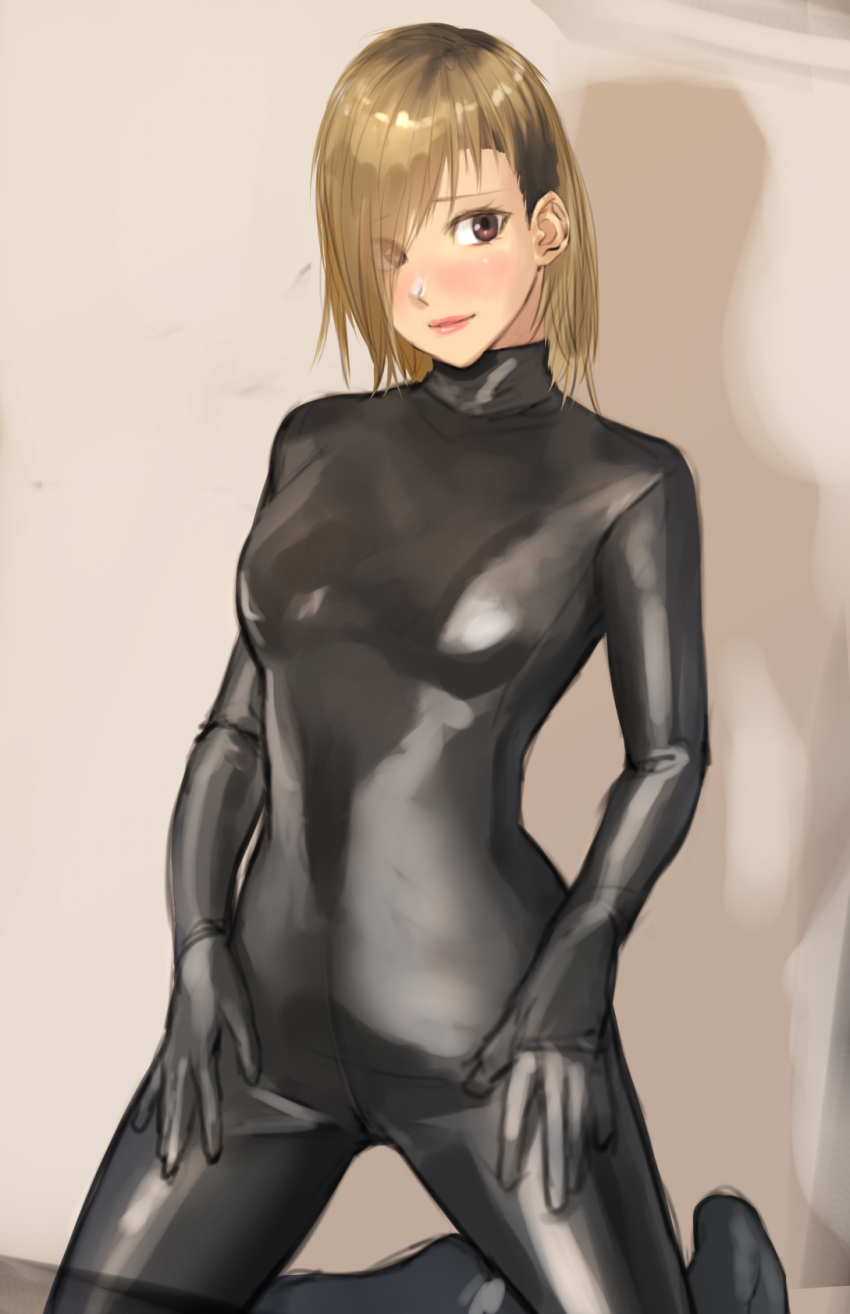 1girl blonde_hair blush bodystocking bodysuit breasts brown_eyes buzz_cut gloves grey_bodysuit grey_gloves highres kilye_kairi kneeling looking_at_viewer medium_breasts medium_hair original pink_lips short_hair skin_tight smile solo very_short_hair