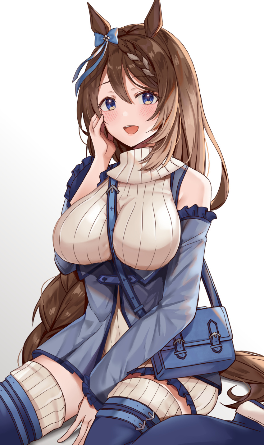 1girl :d absurdres animal_ears between_breasts blue_eyes blue_legwear blush bow braid breasts brown_hair detached_sleeves hair_bow hand_on_own_cheek hand_on_own_face highres horse_ears horse_tail long_hair open_mouth sitting smile solo strap_between_breasts super_creek_(umamusume) tail thigh-highs umamusume wariza zhi_zhi/zu_zu