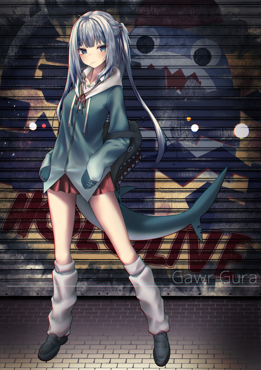 1girl absurdres ahoge animal_hood backpack bag bangs black_footwear bloop_(gawr_gura) blue_eyes blue_hair blue_hoodie candy charm_(object) closed_mouth collarbone eyebrows_visible_through_hair fish_tail food full_body gawr_gura graffiti hair_ornament hands_in_pockets highres hololive hololive_english hood hood_down hoodie huge_filesize inaba_teitoku jewelry kneehighs legs_apart lollipop long_hair long_sleeves looking_at_viewer loose_socks mouth_hold multicolored_hair necklace necktie pleated_skirt red_neckwear shark_girl shark_hair_ornament shark_hood shark_print shark_tail silver_hair skirt sleeves_past_wrists solo standing streaked_hair tail two_side_up virtual_youtuber