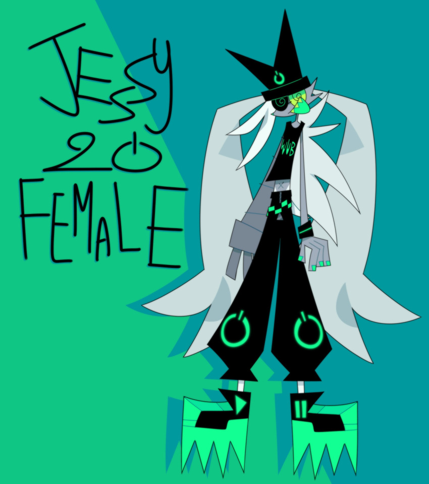 black_clothes black_headwear cubism furry green_footwear hat highres jessy_(twisted_doctor) long_hair mechanical_arms shirt shoes single_mechanical_arm spikes t-shirt toon_(style) twisted_doctor