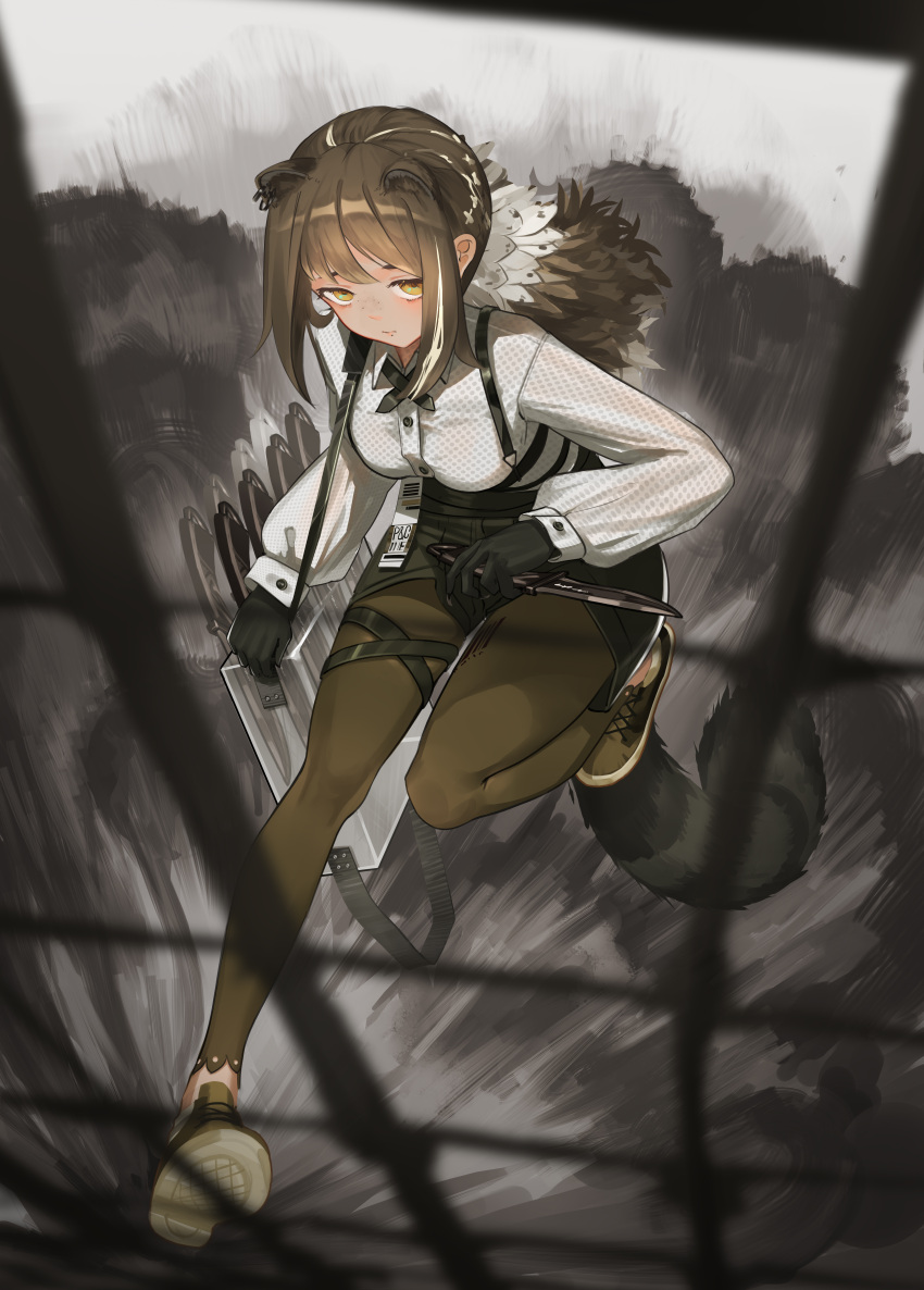 1girl absurdres animal_ears animal_hands arknights bangs black_hair black_shorts brown_footwear commentary full_body highres holding holding_knife holding_weapon knife leg_up leggings long_hair long_sleeves looking_at_viewer raccoon_ears raccoon_tail robin_(arknights) ronnie_choy shirt shoe_soles shoes shorts solo standing standing_on_one_leg tail weapon white_shirt yellow_eyes