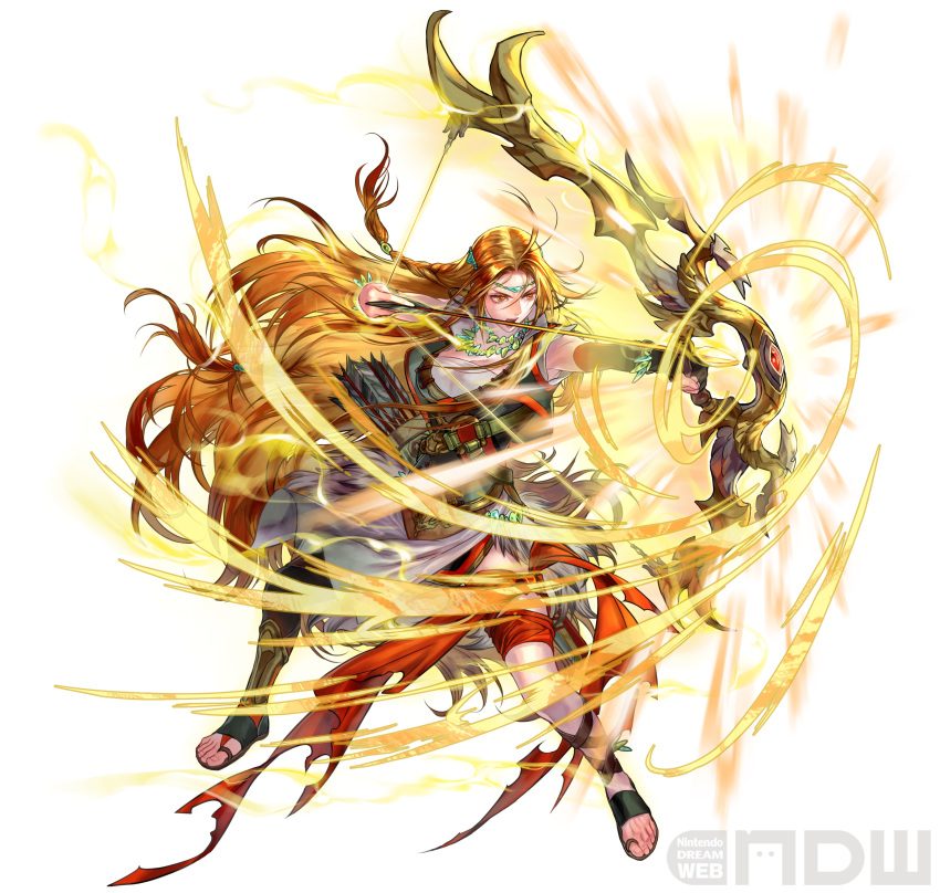 1girl absurdres arrow_(projectile) blonde_hair bow_(weapon) braid circlet earrings fingerless_gloves fire_emblem fire_emblem:_genealogy_of_the_holy_war fire_emblem_heroes full_body fur_trim gladiator_sandals gloves highres holding holding_bow_(weapon) holding_weapon hoop_earrings jewelry long_hair necklace official_art sandals shiny simple_background single_thighhigh suzuki_rika thigh-highs toeless_footwear ullr_(fire_emblem) very_long_hair weapon white_background yellow_eyes yewfelle_(fire_emblem)