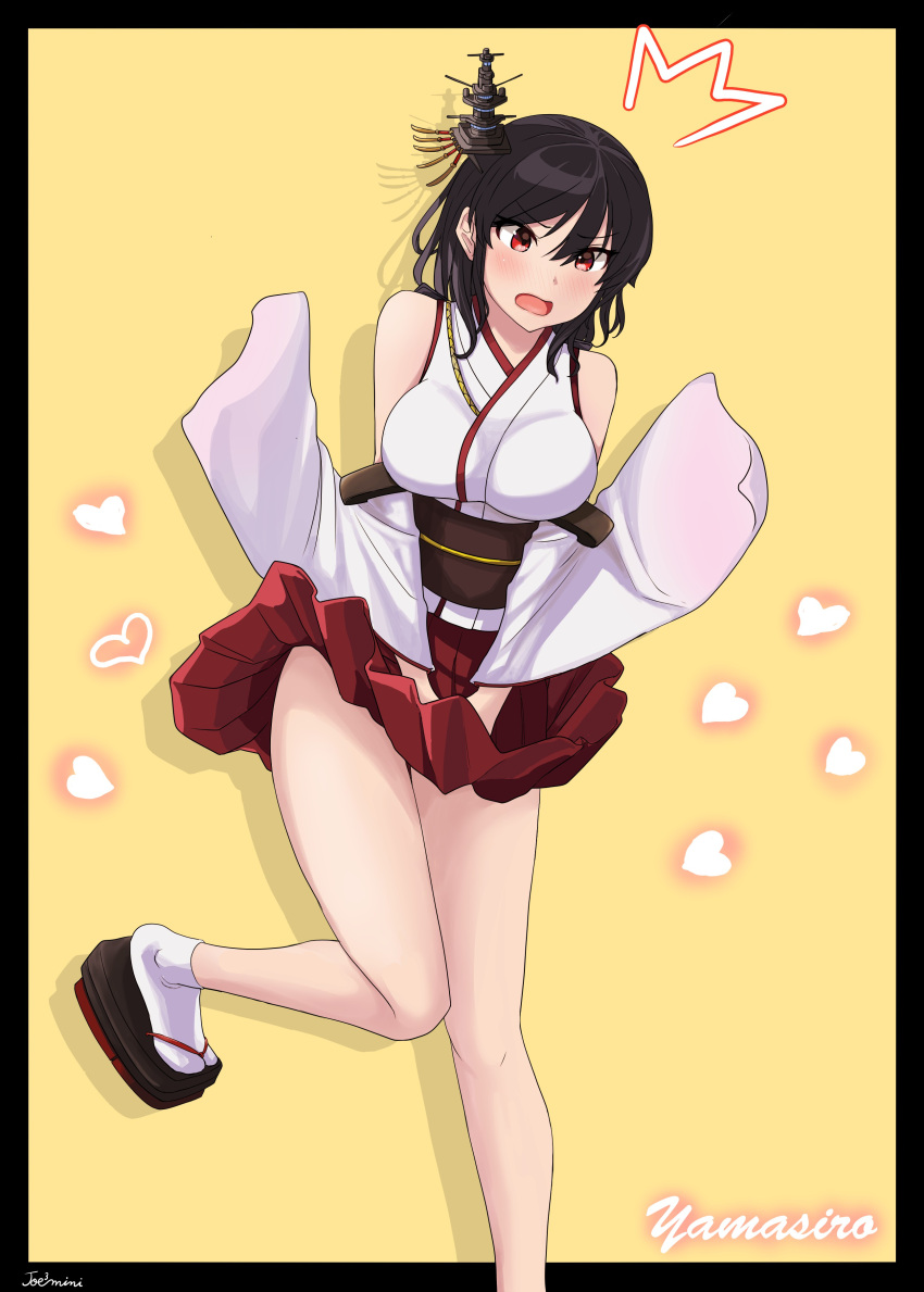 :o absurdres artist_name bare_shoulders black_border black_hair blush border breasts character_name clothes_lift commentary_request detached_sleeves embarrassed hair_between_eyes hair_ornament heart highres japanese_clothes jousanrou kantai_collection kimono large_breasts leg_up nontraditional_miko pleated_skirt red_eyes red_skirt sandals signature simple_background skirt skirt_hold skirt_lift sleeveless sleeveless_kimono surprised tabi white_kimono white_legwear white_sleeves wide_sleeves wind wind_lift yamashiro_(kancolle) yellow_background