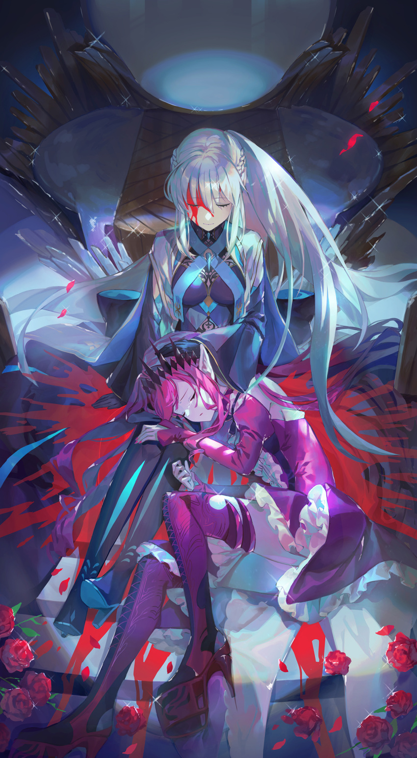 2girls absurdres black_gloves blood blood_on_face boots closed_eyes detached_sleeves dress emoillu fairy_knight_tristan_(fate) fate/grand_order fate_(series) flower gloves high_heel_boots high_heels highres lap_pillow long_hair morgan_le_fay_(fate) multiple_girls pink_hair pointy_ears ponytail rose silver_hair sitting tears thigh-highs thigh_boots throne