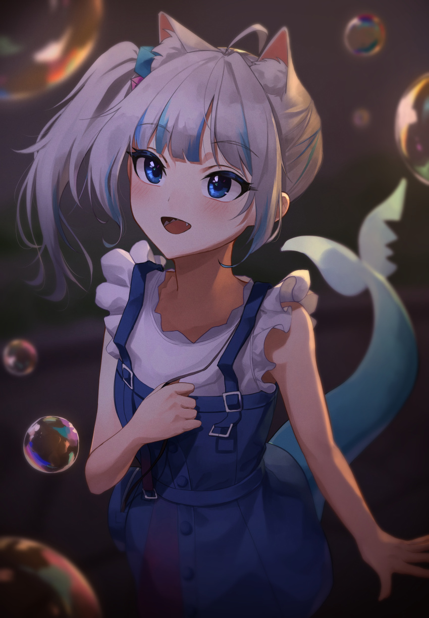 1girl :d absurdres ahoge animal_ears bangs bare_arms blue_dress blue_eyes blurry blurry_background blurry_foreground blush cat_ears collarbone cowboy_shot depth_of_field dress eyebrows_visible_through_hair fang fish_tail gawr_gura hand_up highres hololive hololive_english huge_filesize lower_teeth numim official_alternate_costume open_mouth shark_tail sharp_teeth side_ponytail smile solo tail teeth twintails virtual_youtuber