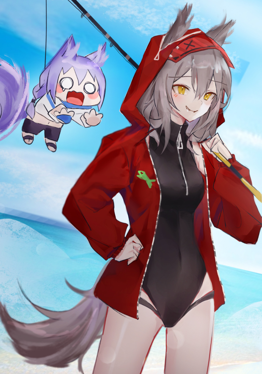 0_(znanimo) 2girls :q animal_ears arknights beach black_shorts black_swimsuit cowboy_shot eyebrows_visible_through_hair fishing_rod grey_hair hair_between_eyes hand_on_hip highres holding holding_fishing_rod jacket looking_at_viewer medium_hair multiple_girls o_o ocean official_alternate_costume one-piece_swimsuit open_mouth orange_background outdoors over_shoulder projekt_red_(arknights) projekt_red_(light_breeze)_(arknights) provence_(arknights) provence_(casual_vacation)_(arknights) purple_hair red_jacket shorts swimsuit tail tearing_up thigh_strap tongue tongue_out white_jacket wolf_ears wolf_girl wolf_tail yellow_eyes
