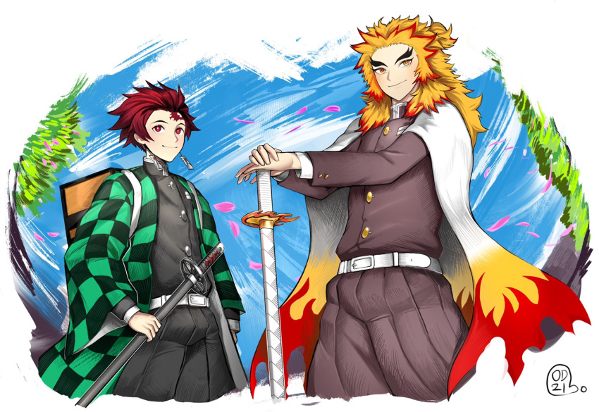 2boys belt blue_sky checkered checkered_clothing closed_mouth earrings hands_on_hilt hatching_(texture) holding holding_sheath holding_weapon jewelry kamado_tanjirou katana kimetsu_no_yaiba long_hair long_sleeves male_focus multicolored_hair multiple_boys odyssey_21 orange_hair outdoors patterned patterned_clothing petals ponytail red_eyes redhead rengoku_kyoujurou scabbard sheath signature sky smile sword tree turtleneck uniform weapon wide_sleeves