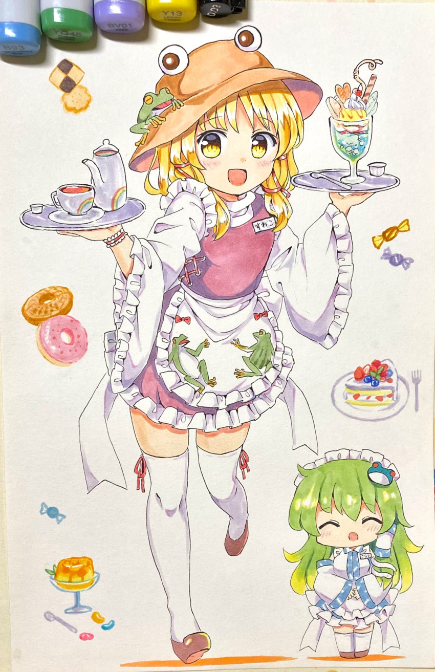 2girls :d ^_^ ^o^ animal_print apron bangs blonde_hair brown_footwear brown_headwear cake candy closed_eyes cup detached_sleeves doughnut eyebrows_visible_through_hair food frog frog_hair_ornament frog_print full_body hair_ornament hair_tubes hands_together highres holding holding_tray kochiya_sanae long_sleeves looking_at_viewer maid maid_headdress moriya_suwako multiple_girls open_mouth photo_(medium) purple_skirt purple_vest ramudia_(lamyun) shirt sidelocks skirt smile snake_hair_ornament spoon standing teacup teapot thigh-highs touhou traditional_media tray turtleneck vest waist_apron white_apron white_legwear white_shirt wide_sleeves yellow_eyes