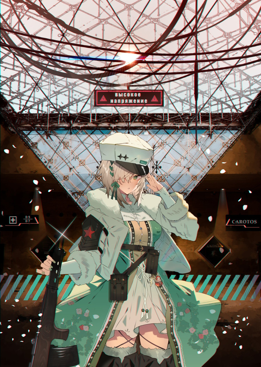 1girl breasts coat cyrillic dress fedorov_(girls_frontline) fedorov_avtomat girls_frontline green_dress green_eyes green_nails green_ribbon gun hair_between_eyes hair_ornament hair_over_one_eye hair_ribbon hat highres holding holding_gun holding_weapon long_sleeves medium_hair nail_polish ribbon salute shirt silver_hair solo soukou_makura thigh-highs weapon white_shirt