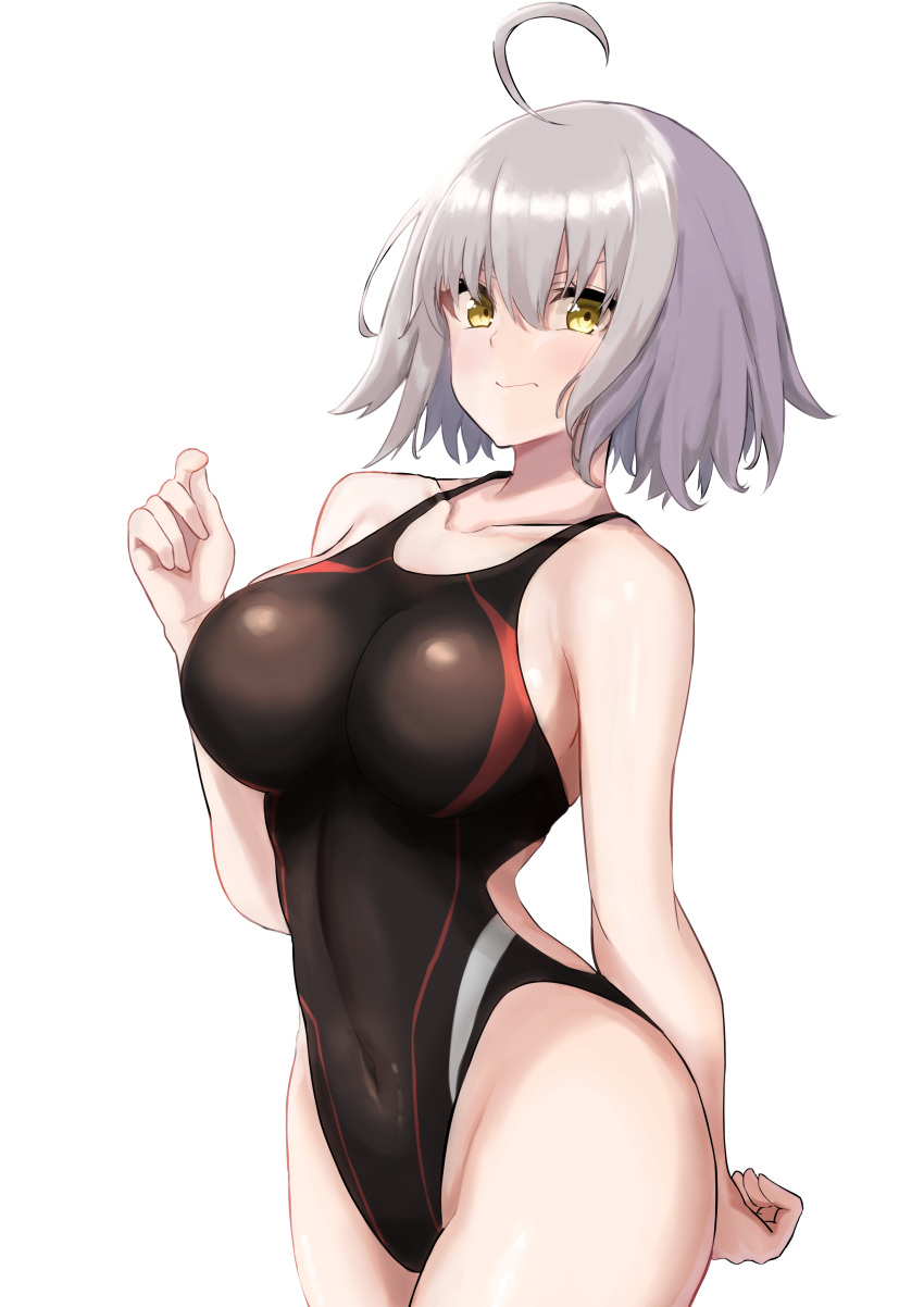 1girl absurdres ahoge alternate_costume bangs black_swimsuit breasts competition_swimsuit covered_navel cowboy_shot fate/grand_order fate_(series) highleg highleg_swimsuit highres jeanne_d'arc_(alter)_(fate) jeanne_d'arc_(fate)_(all) kohaku_teru large_breasts one-piece_swimsuit short_hair silver_hair simple_background solo swimsuit white_background yellow_eyes