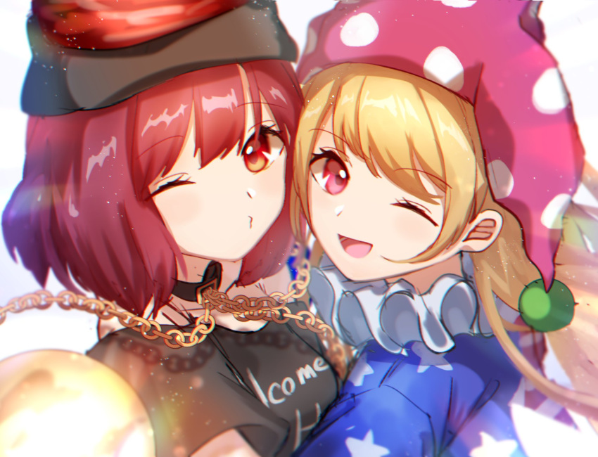 2girls bangs bare_shoulders black_choker black_headwear black_neckwear blonde_hair blue_shirt blue_sleeves breasts chain choker closed_mouth clothes_writing clownpiece eyebrows_visible_through_hair eyes_visible_through_hair gold_chain grey_shirt grey_sleeves hair_between_eyes hat hecatia_lapislazuli highres jester_cap light long_hair medium_breasts moon_(ornament) mozuno_(mozya_7) multicolored multicolored_clothes multicolored_shirt multiple_girls off_shoulder one_eye_closed open_mouth pink_eyes pink_headwear polos_crown red_eyes red_headwear red_shirt redhead shirt short_hair short_sleeves simple_background smile star_(symbol) star_print striped striped_shirt t-shirt touhou white_background white_shirt