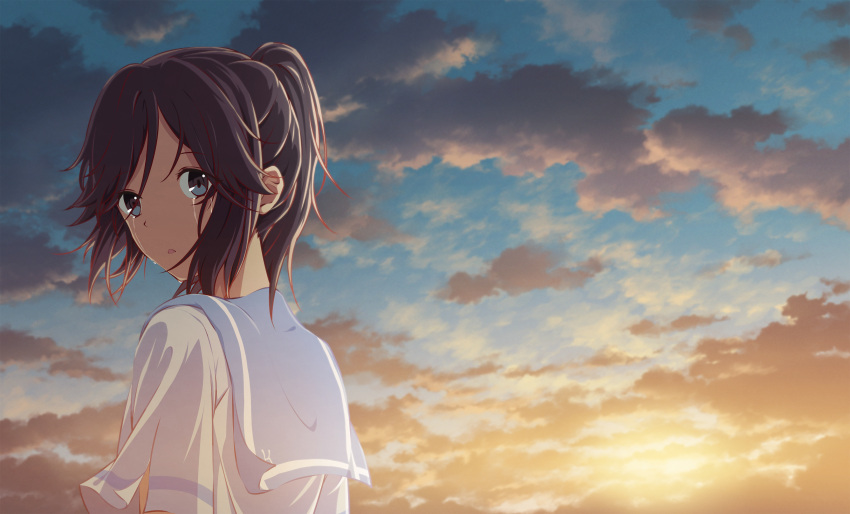 1girl :o absurdres black_hair blue_eyes blue_sailor_collar crying crying_with_eyes_open hibike!_euphonium highres kasaki_nozomi kitauji_high_school_uniform liz_to_aoi_tori long_hair looking_at_viewer looking_back maydcafe outdoors parted_lips ponytail sailor_collar school_uniform serafuku shirt short_sleeves solo tears white_shirt