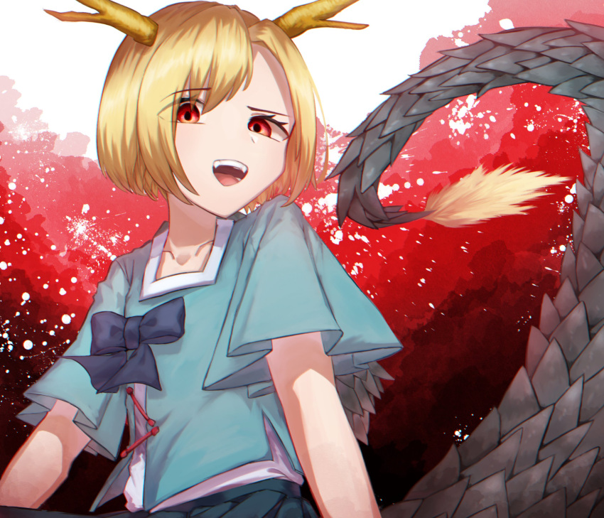 1girl bangs blonde_hair blue_bow blue_shirt blue_skirt blue_sleeves bow brown_background dragon_tail eyebrows_visible_through_hair eyes_visible_through_hair hair_between_eyes highres horns kicchou_yachie looking_at_viewer mozuno_(mozya_7) open_mouth red_background red_eyes shirt short_hair short_sleeves skirt smile solo tail touhou turtle_shell white_background