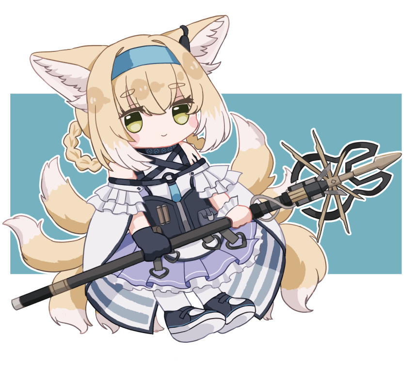 1girl absurdres animal_ear_fluff animal_ears arknights bangs bare_shoulders black_footwear black_gloves blue_background blue_hairband braid chibi closed_mouth eyebrows_visible_through_hair fox_ears fox_girl fox_tail full_body gloves hair_between_eyes hair_rings hairband highres holding kyuubi light_brown_hair looking_at_viewer multicolored_hair multiple_tails outline pantyhose pleated_skirt purple_skirt shirt shoes short_eyebrows single_glove skirt smile solo someyaya streaked_hair suzuran_(arknights) tail thick_eyebrows twin_braids two-tone_background white_background white_hair white_legwear white_outline white_shirt