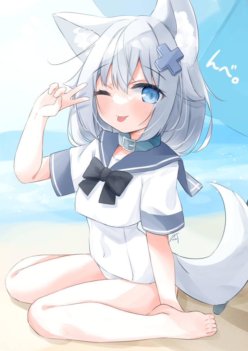 1girl ;p absurdres animal_ear_fluff animal_ears bangs bare_legs barefoot beach beach_umbrella blue_eyes blush closed_mouth commentary_request covered_navel eyebrows_visible_through_hair grey_hair grey_sailor_collar hair_between_eyes hair_ornament hand_up highres minato_yu_(0514) old_school_swimsuit on_ground one-piece_swimsuit one_eye_closed original sailor_collar sand school_swimsuit shirt short_sleeves sitting smile solo swimsuit swimsuit_under_clothes tail tongue tongue_out umbrella v wariza water white_shirt white_swimsuit x_hair_ornament
