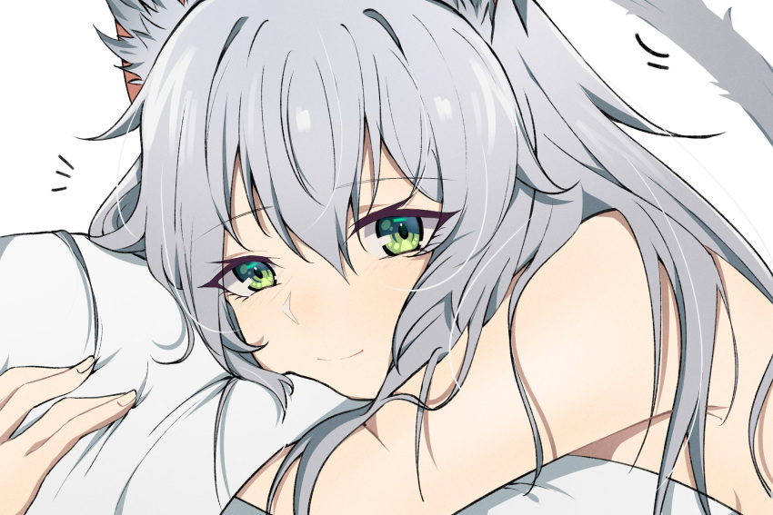 1girl animal_ear_fluff animal_ears arknights bangs cat_ears cat_tail closed_mouth commentary eyebrows_visible_through_hair face green_eyes hair_between_eyes highres long_hair looking_at_viewer motion_lines notice_lines nude pillow pillow_hug pokarii_zuu rosmontis_(arknights) silver_hair simple_background smile solo tail upper_body white_background
