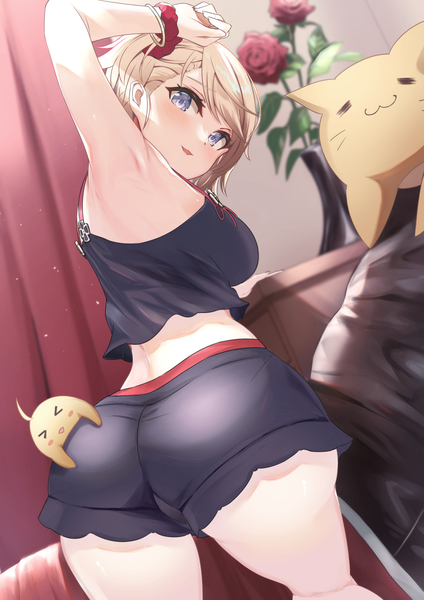 1girl absurdres arm_up armpits ass azur_lane bangs bed bed_sheet bird blurry bracelet brown_hair chick commentary_request curtains depth_of_field eyebrows_visible_through_hair flower from_behind grey_eyes head_tilt highres iron_cross jewelry looking_at_viewer looking_back manjuu_(azur_lane) pajamas parted_lips puripuri red_flower red_rose rose short_hair sidelocks smile solo spaghetti_strap stuffed_animal stuffed_cat stuffed_toy twisted_torso wrist_cuffs z23_(azur_lane) z23_(secret_care_room)_(azur_lane)