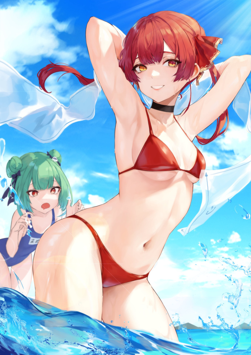 2girls absurdres armpits arms_behind_head arms_up bare_arms bare_shoulders bikini black_choker blue_sky breasts choker contrapposto day double_bun drooling green_hair grin hair_ribbon heterochromia highres hiki_niito hololive houshou_marine long_hair looking_at_viewer medium_breasts multiple_girls navel one-piece_swimsuit orange_eyes outdoors red_bikini red_eyes redhead ribbon school_swimsuit shawl short_hair sky smile sparkling_eyes stomach string_bikini sunlight swimsuit thighs twintails uruha_rushia virtual_youtuber wading water wet