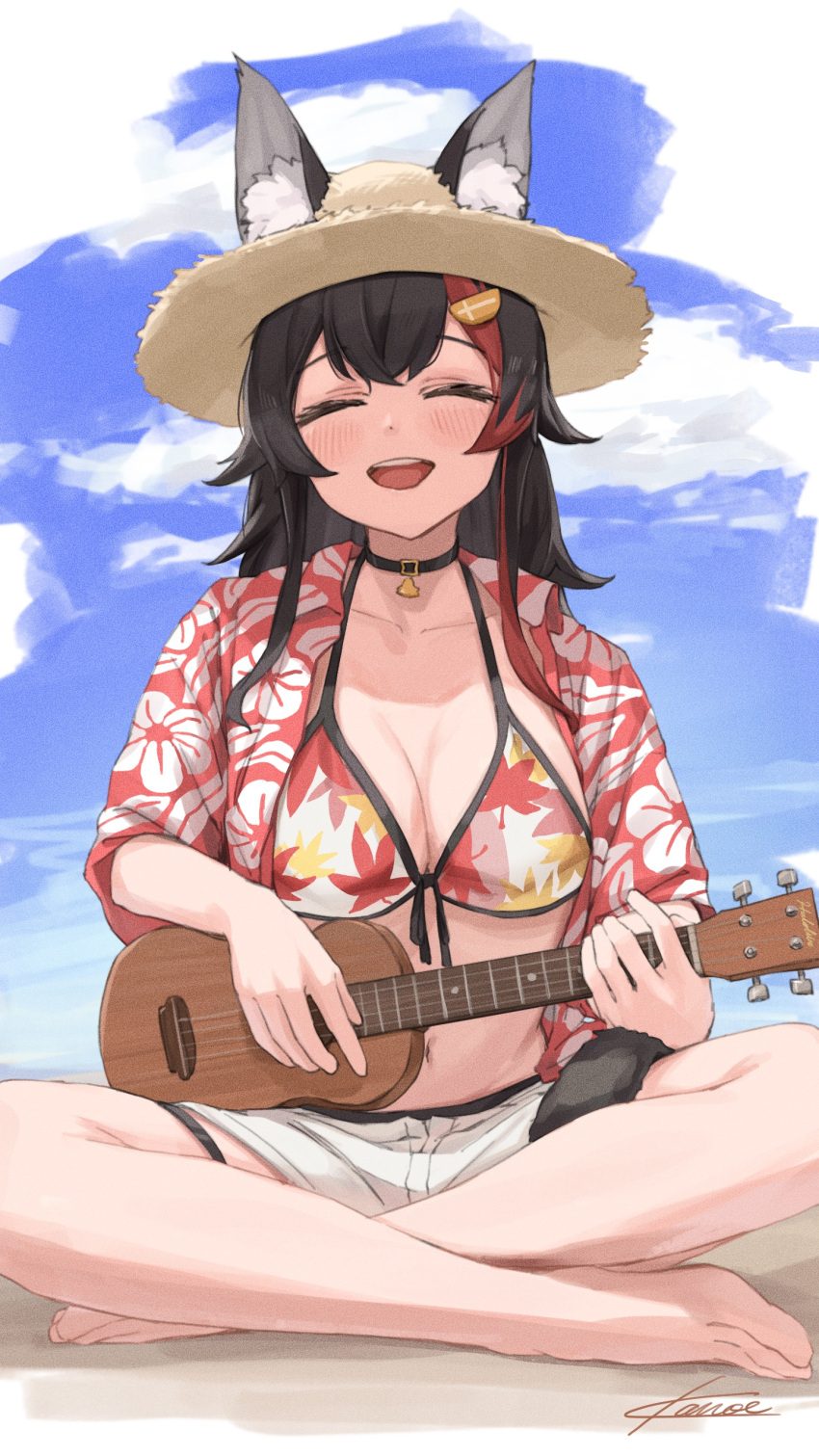 1girl absurdres animal_ear_fluff animal_ears bangs black_choker black_hair blush choker closed_eyes clouds collarbone flipped_hair hair_between_eyes hair_ornament hairclip hawaiian_shirt highres hololive instrument kanoe_(tatsukanoe) long_hair multicolored_hair ookami_mio open_mouth outdoors redhead shirt shorts signature sky smile solo streaked_hair summer swimsuit tail tail_around_leg tail_wrap thigh_strap ukulele upper_teeth virtual_youtuber wolf_ears wolf_girl wolf_tail