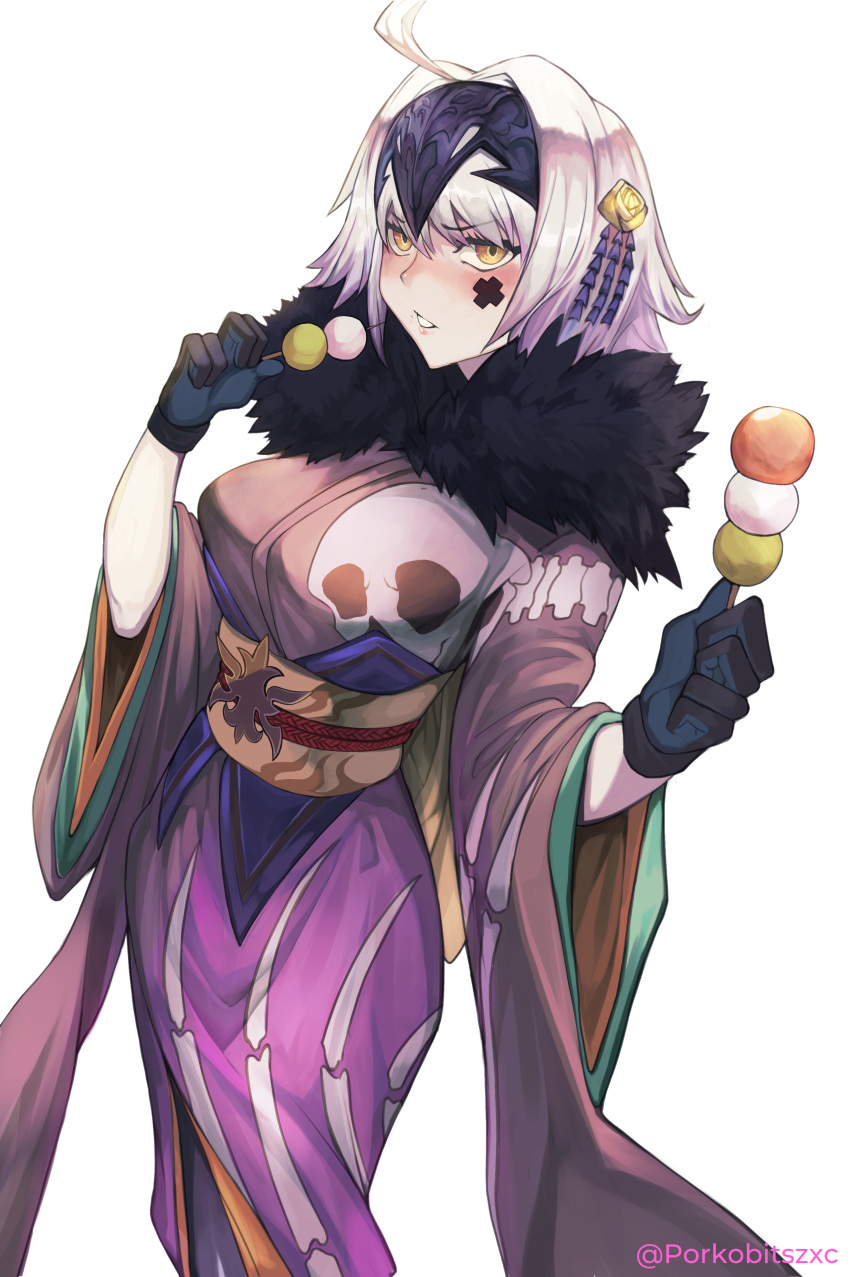 1girl absurdres bangs breasts dango fate/grand_order fate_(series) food fur_collar hair_ornament headpiece highres japanese_clothes jeanne_d'arc_(alter)_(fate) jeanne_d'arc_(fate)_(all) kimono large_breasts long_sleeves looking_at_viewer obi porko purple_kimono sash short_hair silver_hair skeleton_print solo wagashi wide_sleeves yellow_eyes