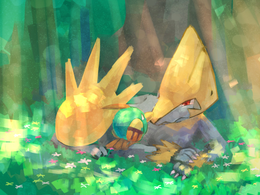 alternate_color bird claws closed_mouth commentary_request day eye_contact flower gen_2_pokemon gen_3_pokemon grass highres kikuyoshi_(tracco) light_beam looking_at_another lying manectric natu no_humans on_stomach outdoors pokemon pokemon_(creature) red_eyes shiny_pokemon tree
