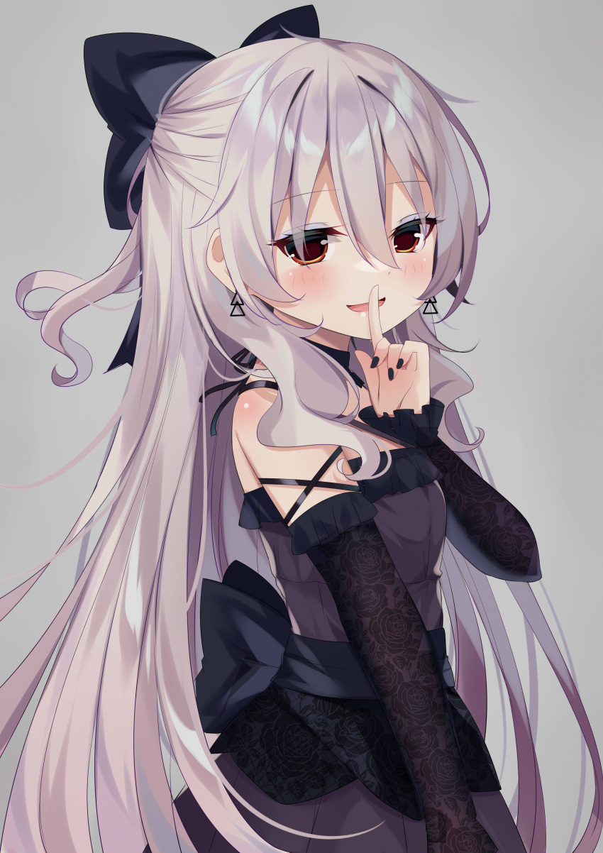 1girl absurdres bangs bare_shoulders black_bow black_dress black_sleeves bow detached_sleeves dress eyebrows_visible_through_hair finger_to_mouth grey_background grey_hair hair_between_eyes hair_bow hand_up highres ikazu401 long_hair long_sleeves open_mouth original red_eyes shushing simple_background sleeves_past_wrists smile solo upper_body very_long_hair