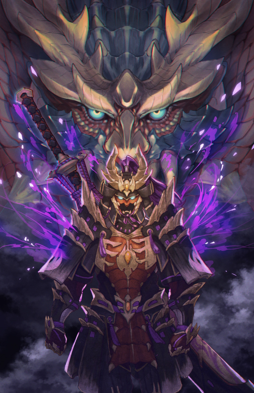 armor fire fog full_armor gauntlets glowing glowing_eyes helmet highres isono_wataru japanese_armor kabuto magnamalo magnamalo_(armor) mask monster_hunter_(series) monster_hunter_rise pauldrons plume purple_fire shoulder_armor sword weapon weapon_on_back