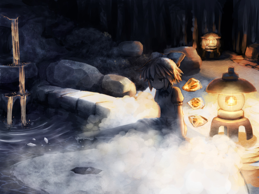 1girl bare_legs barefoot blue_bow bow cirno commentary_request dot_mouth forest hair_bow ice ice_wings jitome lantern looking_away muted_color nature onsen outdoors puffy_short_sleeves puffy_sleeves rock shirosato short_hair short_sleeves sitting solo steam touhou water wings