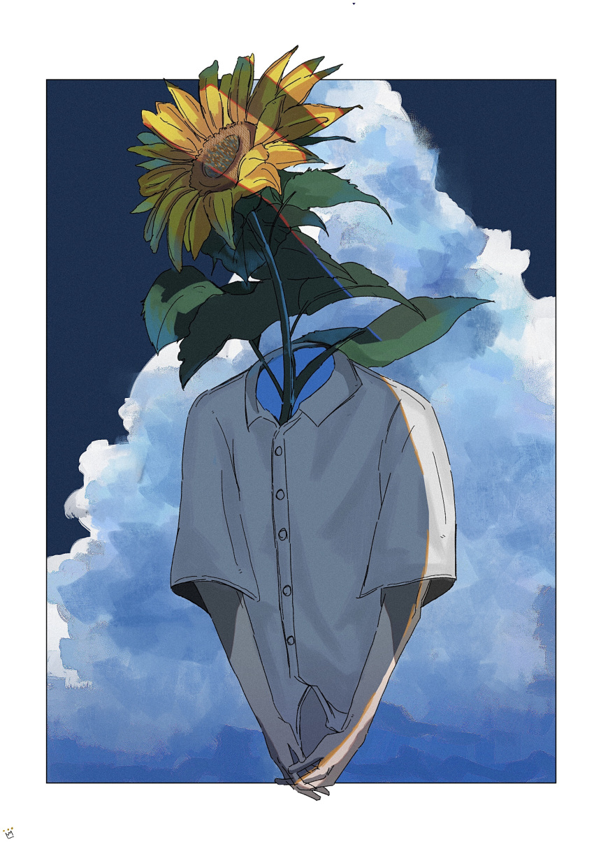 1other absurdres ambiguous_gender blue_background border clouds collared_shirt commentary flower highres ikura_donburi_(mmom_x) object_head original outside_border own_hands_together shirt short_sleeves solo sunflower symbol_commentary upper_body white_border white_shirt