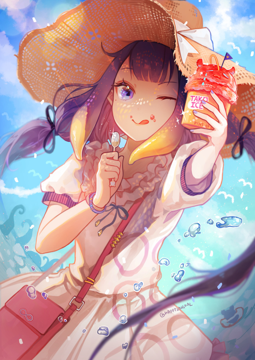 1girl absurdres artist_name bag bangs blue_sky blunt_bangs commentary dress floating_hair food food_on_face frills hair_ribbon handbag happyongdal hat highres holding holding_food holding_spoon hololive hololive_english long_hair ninomae_ina'nis one_eye_closed purple_hair ribbon shaved_ice sky solo spoon straw_hat summer symbol_commentary tentacle_hair tongue tongue_out twintails virtual_youtuber water_drop white_dress