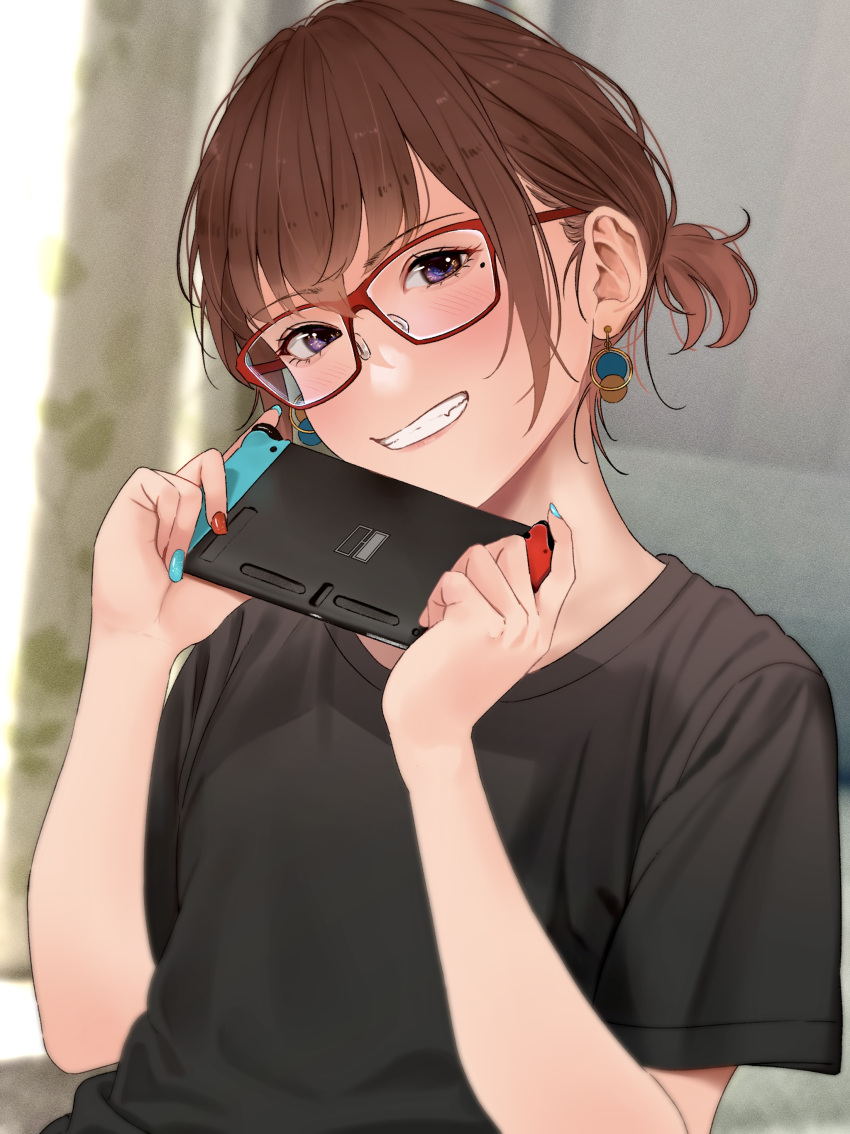 1girl absurdres blurry blurry_background blush brown_hair curtains earrings film_grain fingernails glasses grin head_tilt highres indoors jewelry looking_at_viewer mole mole_under_eye multicolored multicolored_nails nintendo_switch original saitou_(lynx-shrike) shirt short_ponytail smile solo t-shirt window