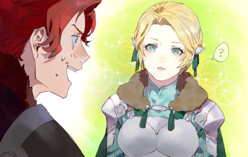 1boy 1girl 91007 ? armor blonde_hair breastplate fire_emblem fire_emblem:_three_houses fur green_eyes hair_ornament ingrid_brandl_galatea looking_at_another metal open_mouth redhead short_hair shoulder_armor sparkle sweatdrop sylvain_jose_gautier