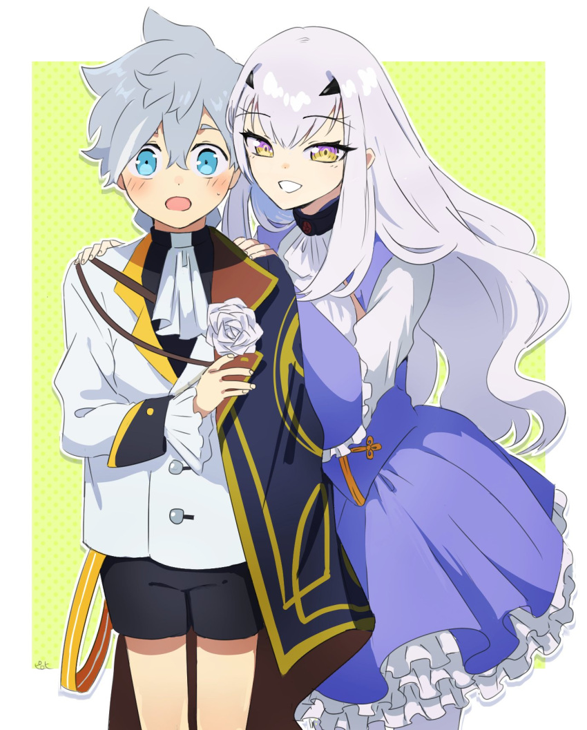 1boy 1girl alternate_costume ascot bangs black_shorts blue_cape blue_dress blue_eyes blush buttons cape commentary_request dress eyebrows_visible_through_hair fairy_knight_lancelot_(fate) fate/grand_order fate_(series) flower formal frilled_dress frilled_skirt frills grey_hair hair_between_eyes hands_on_another's_shoulders height_difference highres long_hair looking_at_viewer open_mouth percival_(fate) pirohi_(pirohi214) pointy_hair rose short_hair short_shorts shorts sidelocks signature skirt smile suit teeth white_flower white_hair white_neckwear white_rose yellow_eyes younger