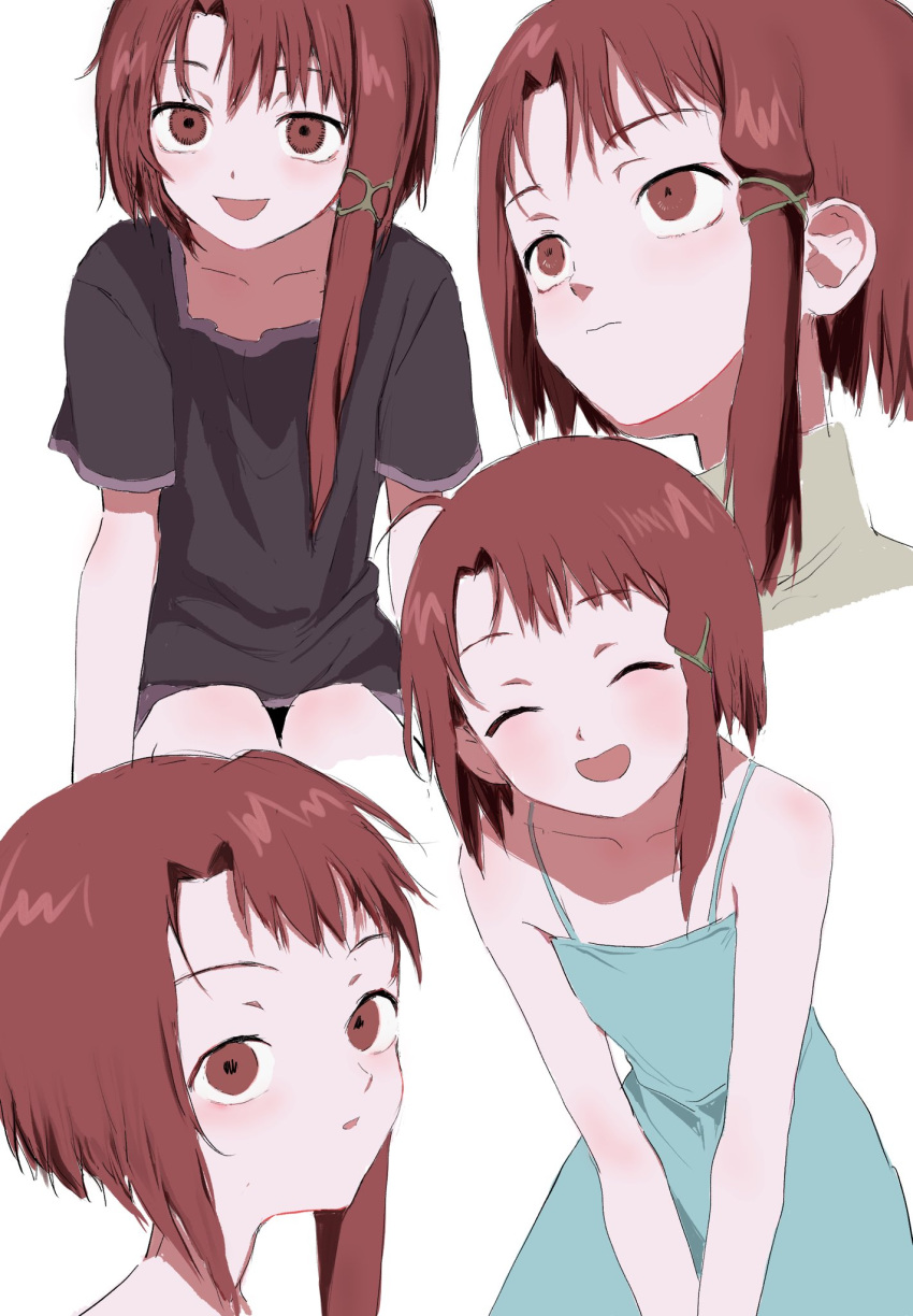 1girl asymmetrical_hair black_shirt blue_dress blush brown_eyes brown_hair closed_eyes closed_mouth dress fuyu_(wldnrowldnro) hair_ornament hairclip highres iwakura_lain looking_at_viewer multiple_views open_mouth serial_experiments_lain shirt short_hair simple_background sleeveless smile t-shirt upper_body white_background x_hair_ornament