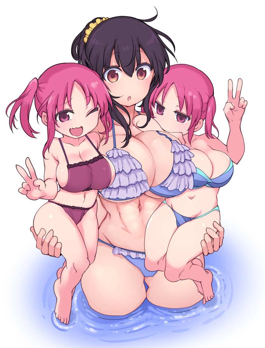 3girls :o ;d barefoot bikini black_hair blue_bikini breasts brown_eyes carrying commentary_request cool-kyou_shinja eyebrows_visible_through_hair frilled_bikini frills hair_between_eyes hair_ornament hair_scrunchie hand_up highres large_breasts looking_at_viewer multiple_girls navel one_eye_closed open_mouth original partially_submerged pink_eyes pink_hair purple_bikini red_bikini scrunchie short_hair simple_background smile swimsuit toes twintails v water white_background yellow_scrunchie