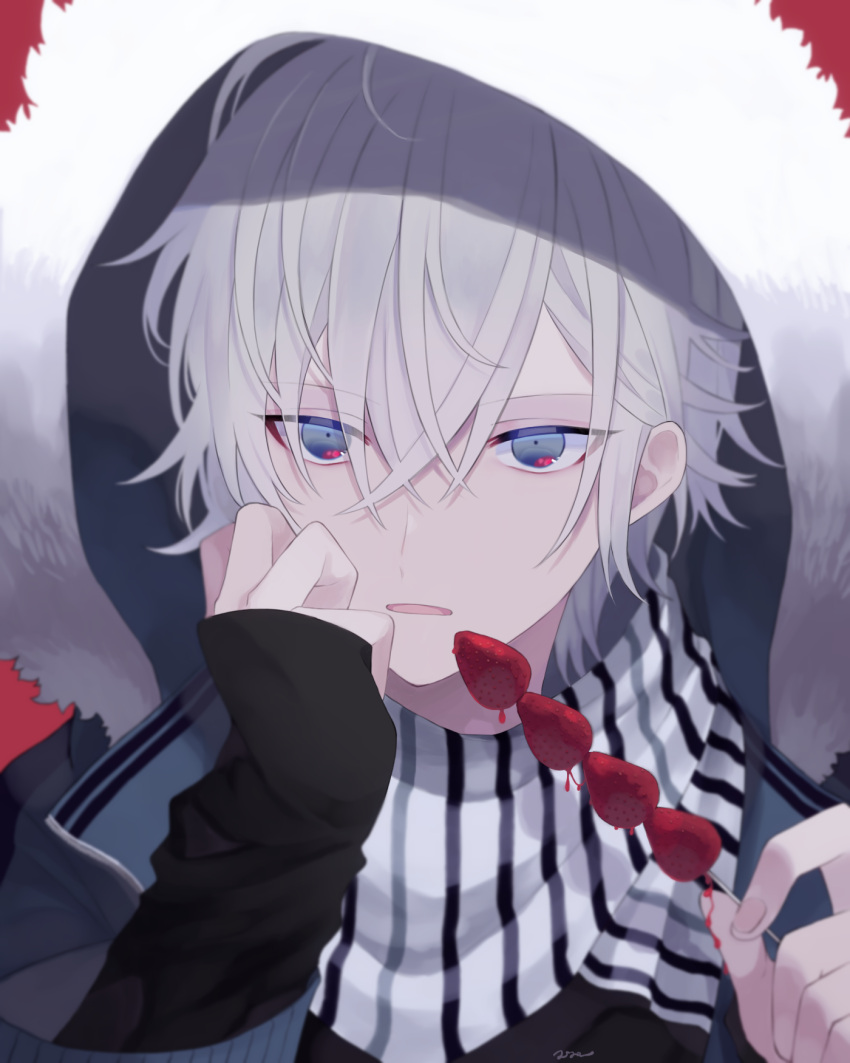 1boy bangs black_shirt blue_eyes crossed_bangs eyebrows_visible_through_hair face food food_request fur_trim grey_sweater hair_between_eyes hand_on_own_chin hands_up highres holding holding_food hood hood_up looking_at_viewer male_focus medium_hair messy_hair muon original sanpaku scarf shirt silver_hair sleeves_past_wrists solo sweater tsurime upper_body white_scarf