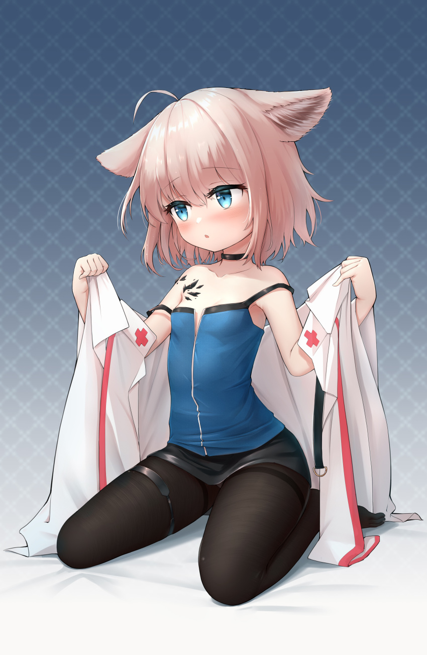 1girl absurdres ahoge akelp animal_ears arknights bare_shoulders black_choker black_legwear black_skirt blue_background blue_eyes blue_shirt blush brown_hair choker coat collarbone fox_ears gradient gradient_background highres looking_away open_mouth oripathy_lesion_(arknights) pantyhose shirt short_hair sitting skirt solo strap_slip sussurro_(arknights) thigh_strap thighs undressing wariza white_coat