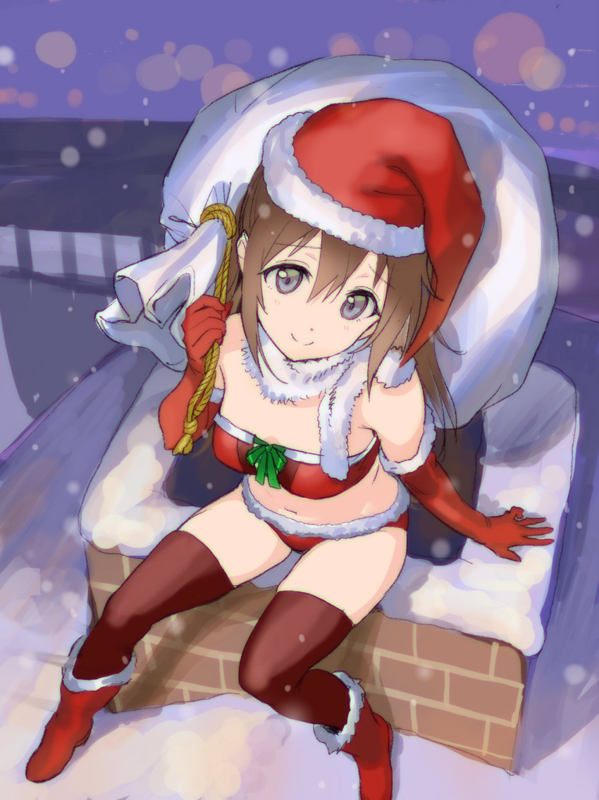 1girl andou_shuki bangs bikini blue_eyes boots brown_hair chimney christmas fur-trimmed_bikini fur_trim gift gloves hair_between_eyes half_updo hat highres long_hair love_live! love_live!_nijigasaki_high_school_idol_club ousaka_shizuku outdoors red_bikini red_footwear red_gloves red_legwear rooftop sack santa_bikini santa_costume santa_gloves santa_hat sidelocks snow solo swimsuit thigh-highs