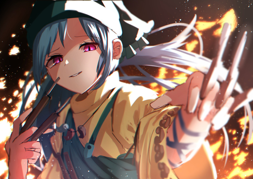 1girl apron arm_ribbon arm_up bangs black_background blue_hair blue_ribbon brush closed_mouth dress eyebrows_visible_through_hair fire green_apron green_headwear green_scarf hair_between_eyes hands_up haniyasushin_keiki highres light long_hair long_sleeves mozuno_(mozya_7) one-hour_drawing_challenge pink_eyes ribbon scarf shadow simple_background smile solo teeth touhou wide_sleeves yellow_dress yellow_sleeves