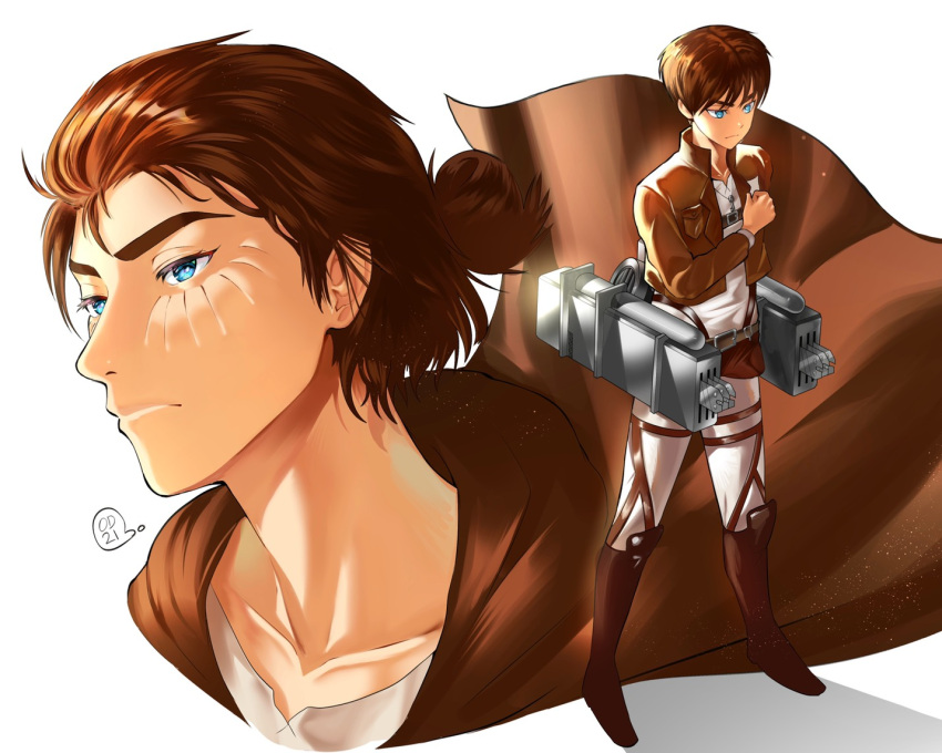 1boy backlighting belt blade blue_eyes brown_footwear brown_hair closed_mouth eren_yeager facial_mark jewelry key key_necklace light_rays machinery male_focus multiple_views necklace odyssey_21 older shingeki_no_kyojin signature simple_background standing tied_hair uniform white_background