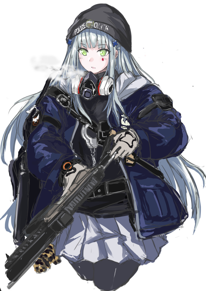 1girl agent_416_(girls_frontline) assault_rifle bangs beanie black_headwear blue_jacket breath commentary_request cowboy_shot cuffs facial_mark girls_frontline gloves green_eyes gun h&amp;k_hk416 hair_ornament handcuffs hat highres hk416_(girls_frontline) holding holding_gun holding_weapon hood hood_down hooded_jacket jacket long_hair marche_mk14 mask mask_around_neck official_alternate_costume open_clothes open_jacket p416 pantyhose pleated_skirt respirator rifle silver_hair skirt solo tom_clancy's_the_division very_long_hair weapon white_background white_skirt