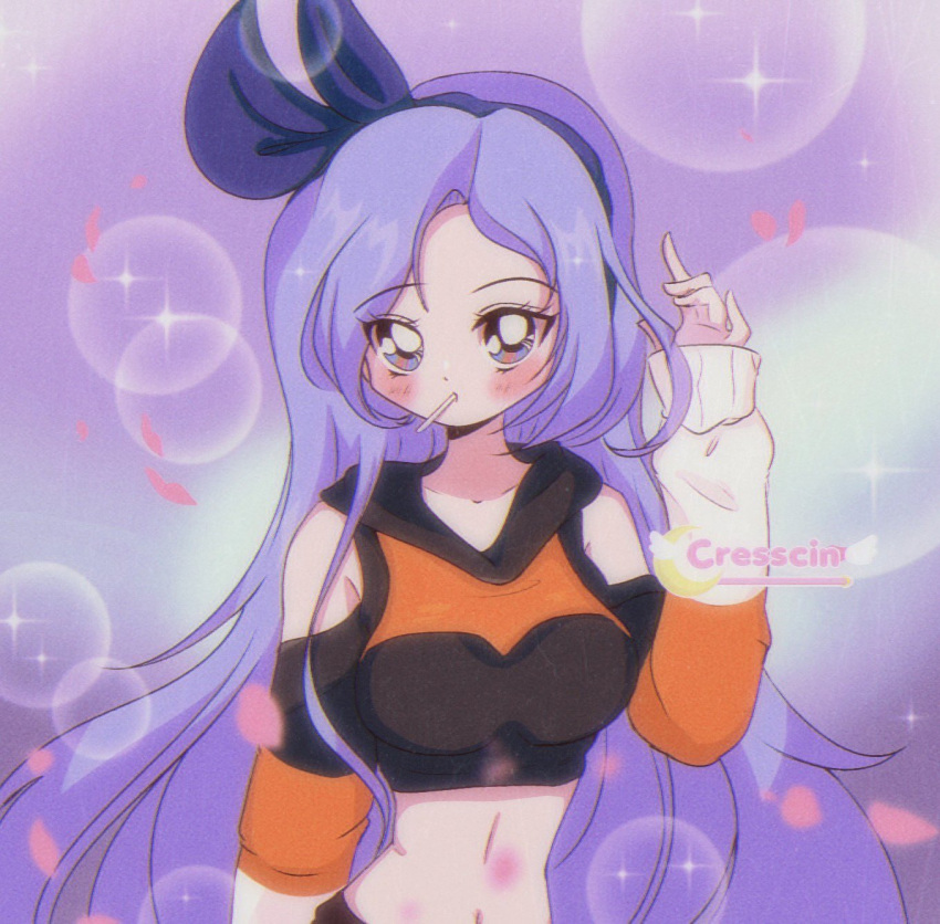 1girl blurry blurry_background blush borrowed_character breasts candy cresscin food hand_up highres lollipop long_hair looking_at_viewer medium_breasts midriff minah_(chaesu) navel original purple_hair sleeves_past_wrists solo upper_body very_long_hair