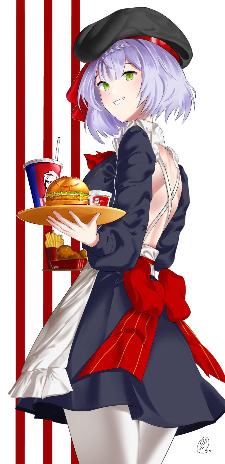 1girl absurdres alternate_costume back black_headwear blush bow braid burger cup drinking_straw english_commentary food french_fries fried_chicken genshin_impact green_eyes grey_hair hair_between_eyes highres holding holding_plate holding_tray kfc looking_at_viewer looking_back noelle_(genshin_impact) odyssey_21 parted_lips plate red_bow signature smile smiley_face solo teeth tray