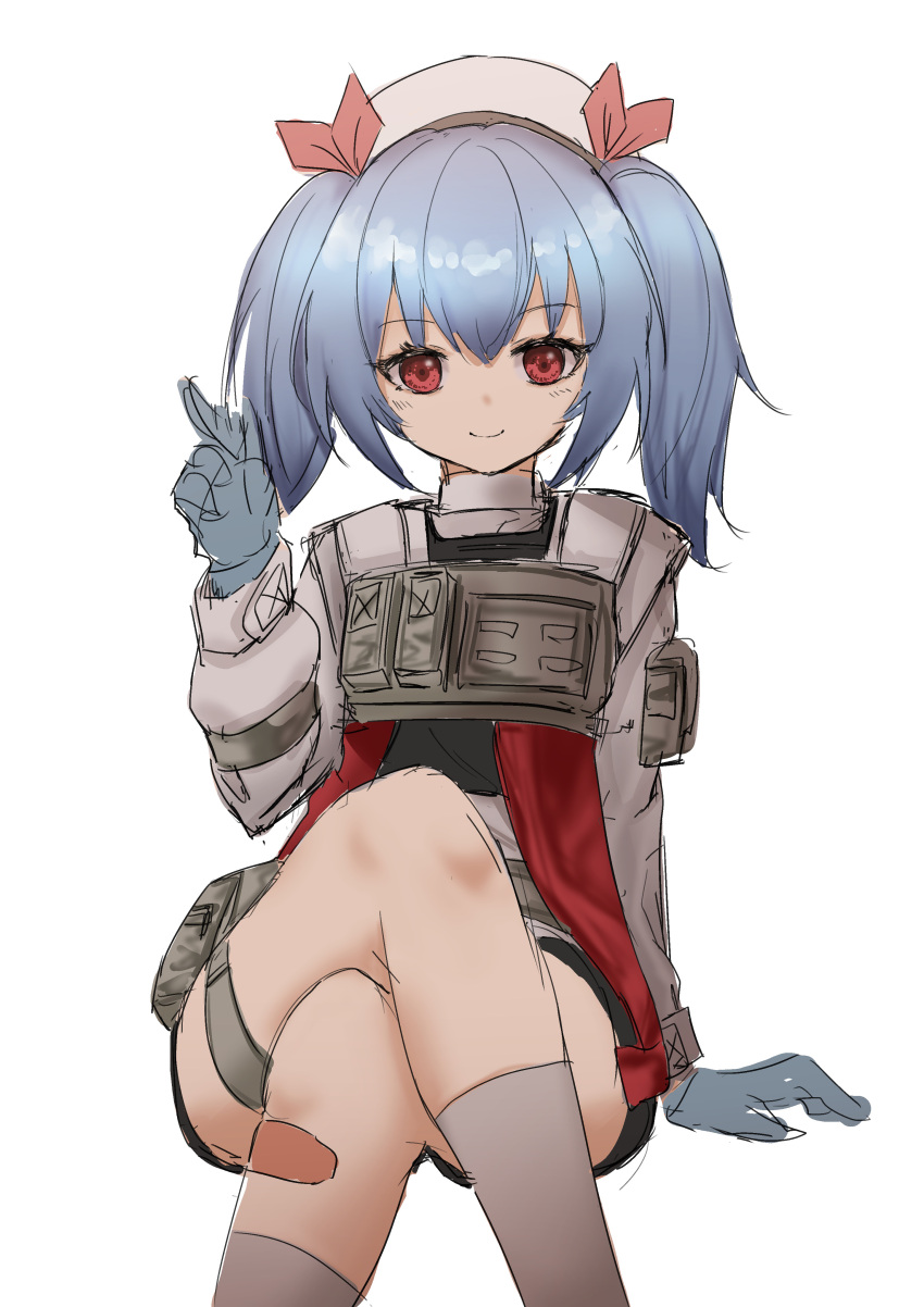 1girl absurdres bandaid bandaid_on_leg blue_gloves blue_hair colphne_(girls_frontline_2) commentary_request crossed_legs girls_frontline girls_frontline_2:_exilium gloves hair_ribbon hat highres kotayo looking_at_viewer medium_hair red_eyes red_ribbon ribbon sitting sketch smile socks solo twintails white_background