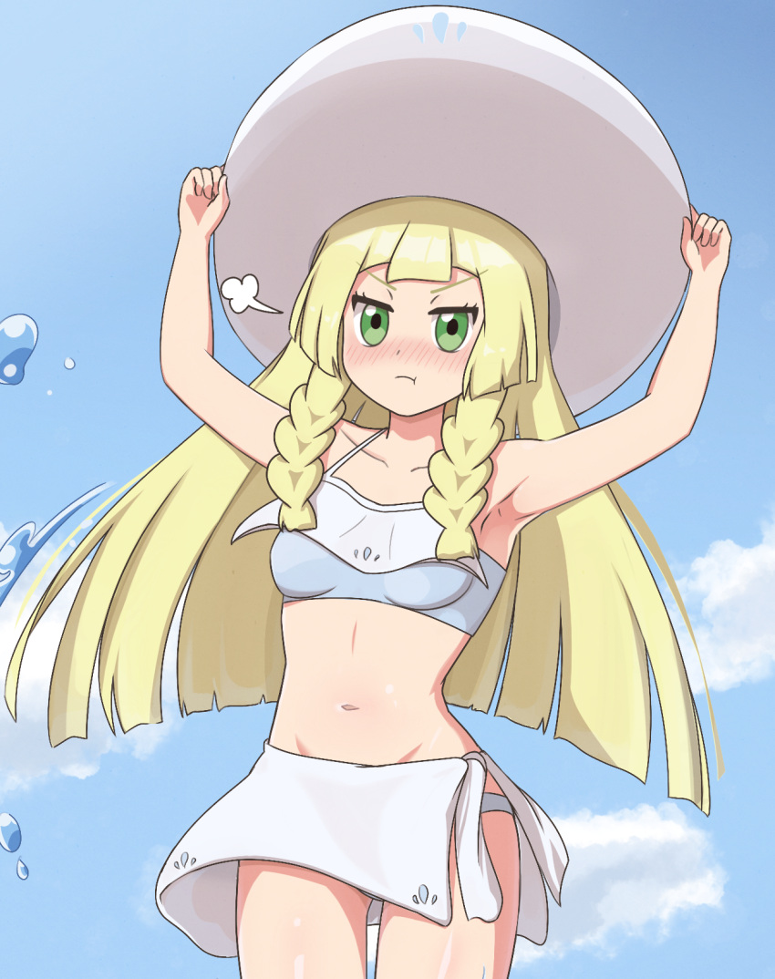 1girl :t =3 arms_up bangs bikini bikini_bottom blonde_hair blunt_bangs blush braid breasts closed_mouth clouds collarbone commentary_request day eyelashes green_eyes hands_on_headwear hat highres lillie_(pokemon) long_hair looking_at_viewer mockingeu navel outdoors pokemon pokemon_(game) pokemon_sm pout skirt sky solo sun_hat swimsuit twin_braids water water_drop white_headwear white_skirt