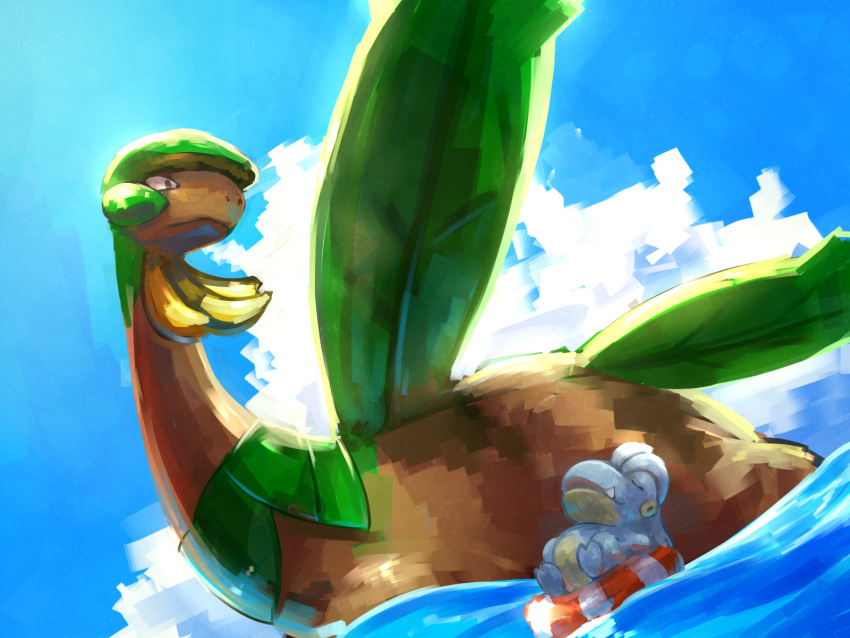 afloat bagon bandana closed_eyes closed_mouth clouds commentary_request day fang gen_3_pokemon highres kikuyoshi_(tracco) lifebuoy lying no_humans on_back outdoors pokemon pokemon_(creature) relaxing sky tropius water