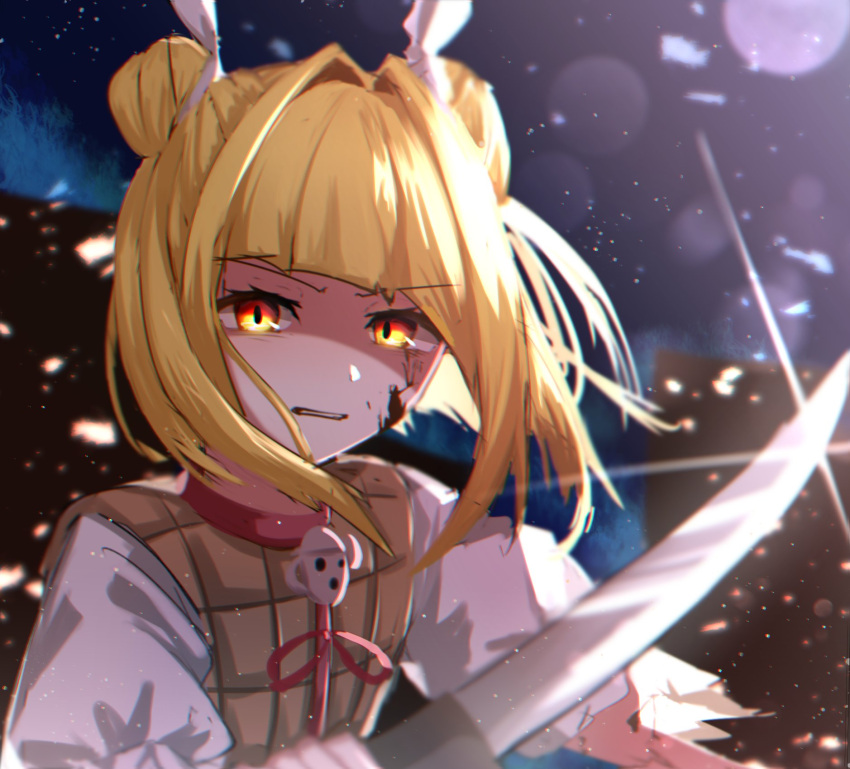 1girl arms_up bangs blonde_hair bow building city closed_mouth double_bun dress dress_bow eyebrows_visible_through_hair hair_ribbon hands_up haniwa_(statue) highres joutouguu_mayumi light looking_at_viewer mozuno_(mozya_7) multicolored multicolored_eyes night night_sky one-hour_drawing_challenge puffy_short_sleeves puffy_sleeves red_bow red_eyes ribbon shadow short_hair short_sleeves sky skyscraper solo sword teeth touhou weapon white_ribbon white_sleeves yellow_dress yellow_eyes