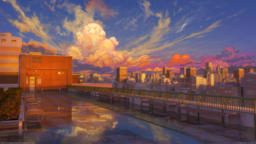 arsenixc artist_name bench bird building bush city cityscape clouds collaboration commentary cumulonimbus_cloud dark highres love_money_rock'n'roll no_humans original outdoors puddle railing reflection rooftop scenery sky sunset trash_can vvcephei water