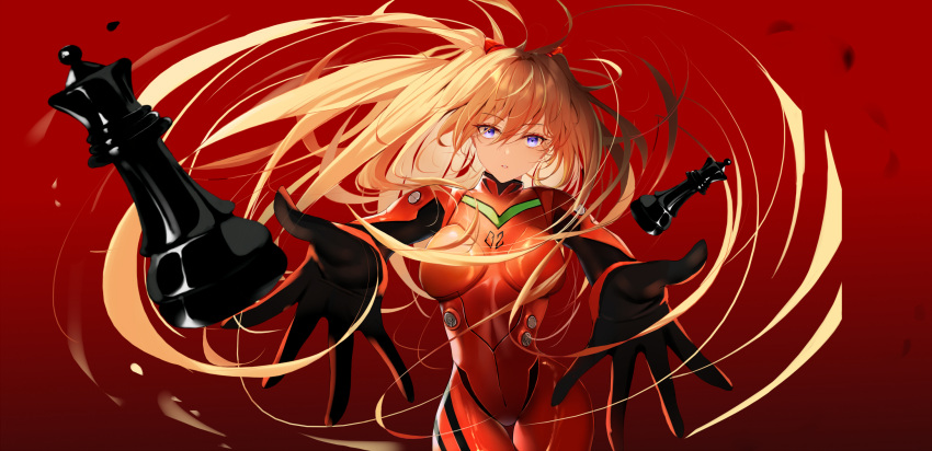 1girl blue_eyes bodysuit breasts chess_piece eyebrows_visible_through_hair hair_ornament highres long_hair looking_at_viewer neon_genesis_evangelion orange_hair outstretched_arms parted_lips plugsuit red_background red_bodysuit solo souryuu_asuka_langley thigh_gap upper_body xi_ying
